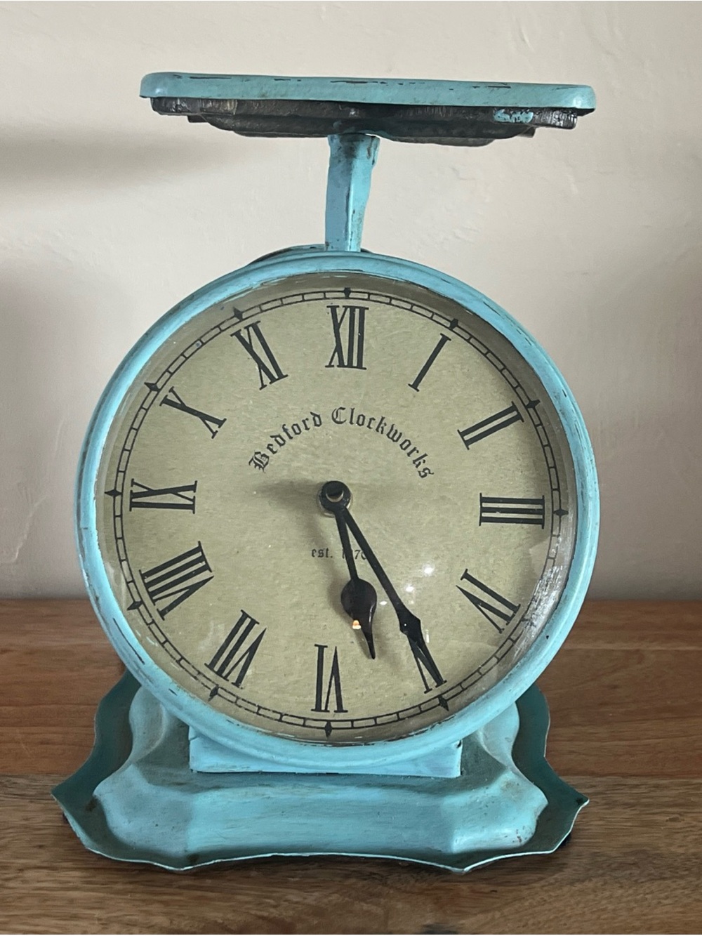 Turquoise Vintage-Style farmhouse decorative Bedford Clockworks scale clock